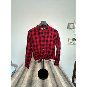 Madewell Women's Small Flannel Red & Black Buffalo Check Tie Waist Shirt